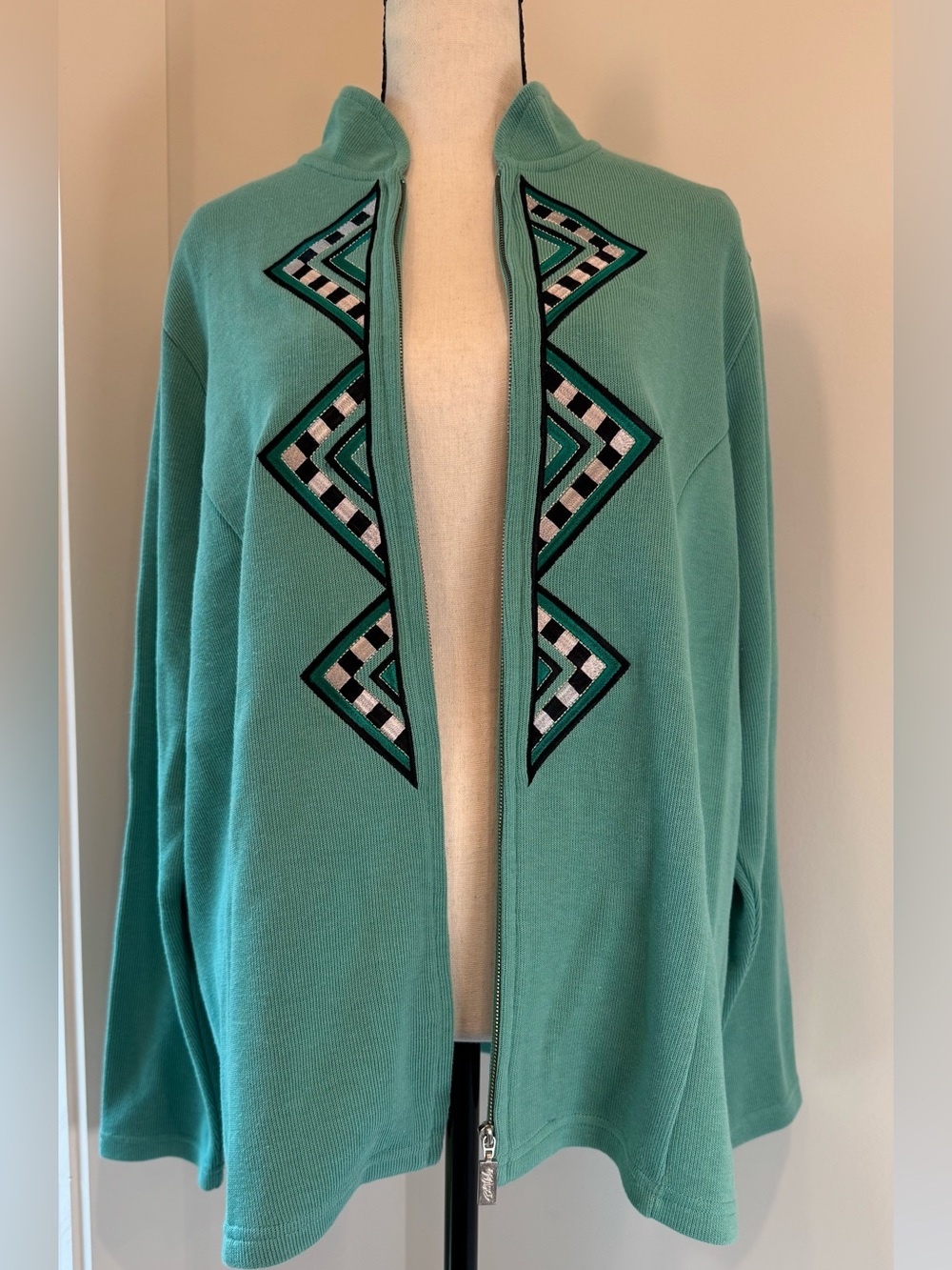 Bob Mackie Wearable Art Teal Embroidered Zip Jacket Plus 1X Geometric